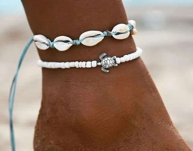 2PCS Boho Turquoise Shell Anklet with White Turtle Bead Ankle Bracelet