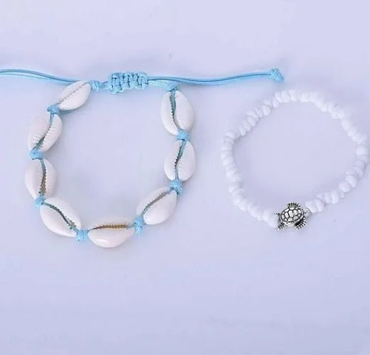 2PCS Boho Turquoise Shell Anklet with White Turtle Bead Ankle Bracelet