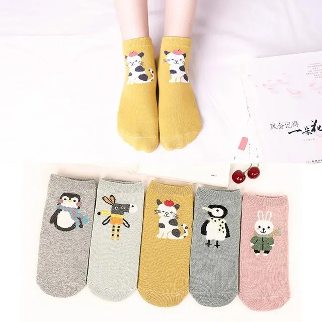 5 Pairs Cute Cat Animal Ear Short Casual Cotton Ankle Socks for Women