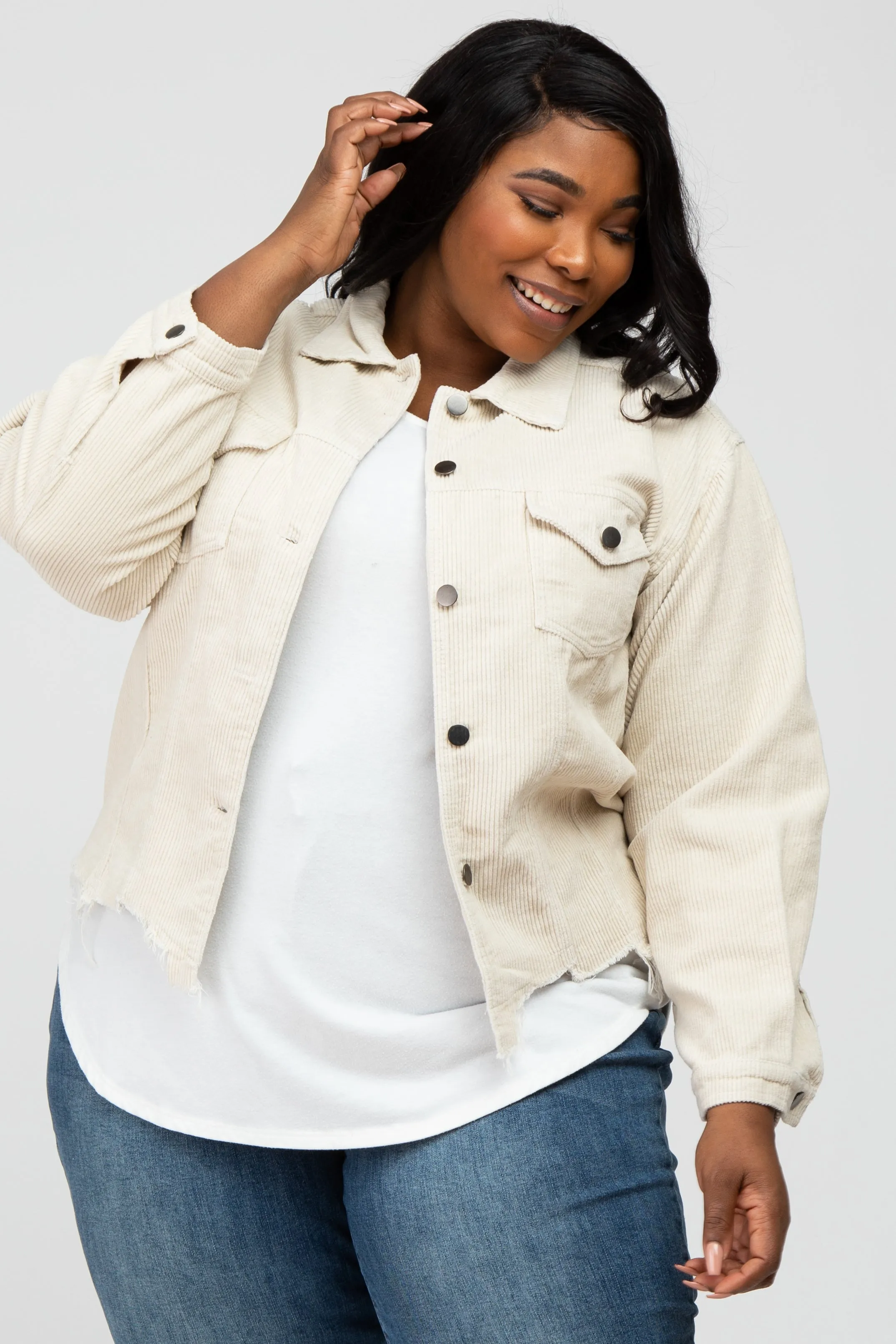 Beige Corduroy Distressed Hem Cropped Maternity Plus Jacket