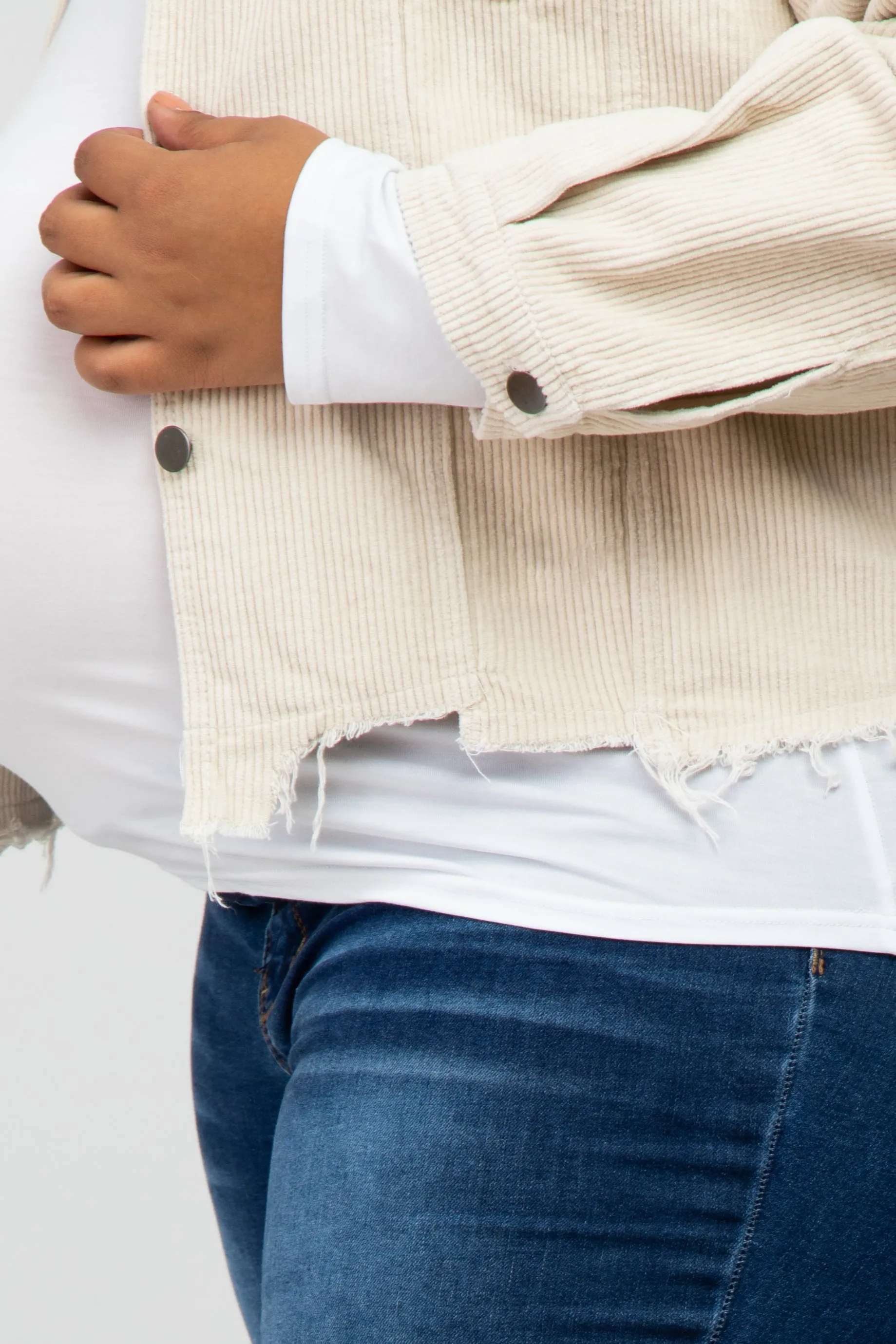 Beige Corduroy Distressed Hem Cropped Maternity Plus Jacket