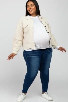 Beige Corduroy Distressed Hem Cropped Maternity Plus Jacket