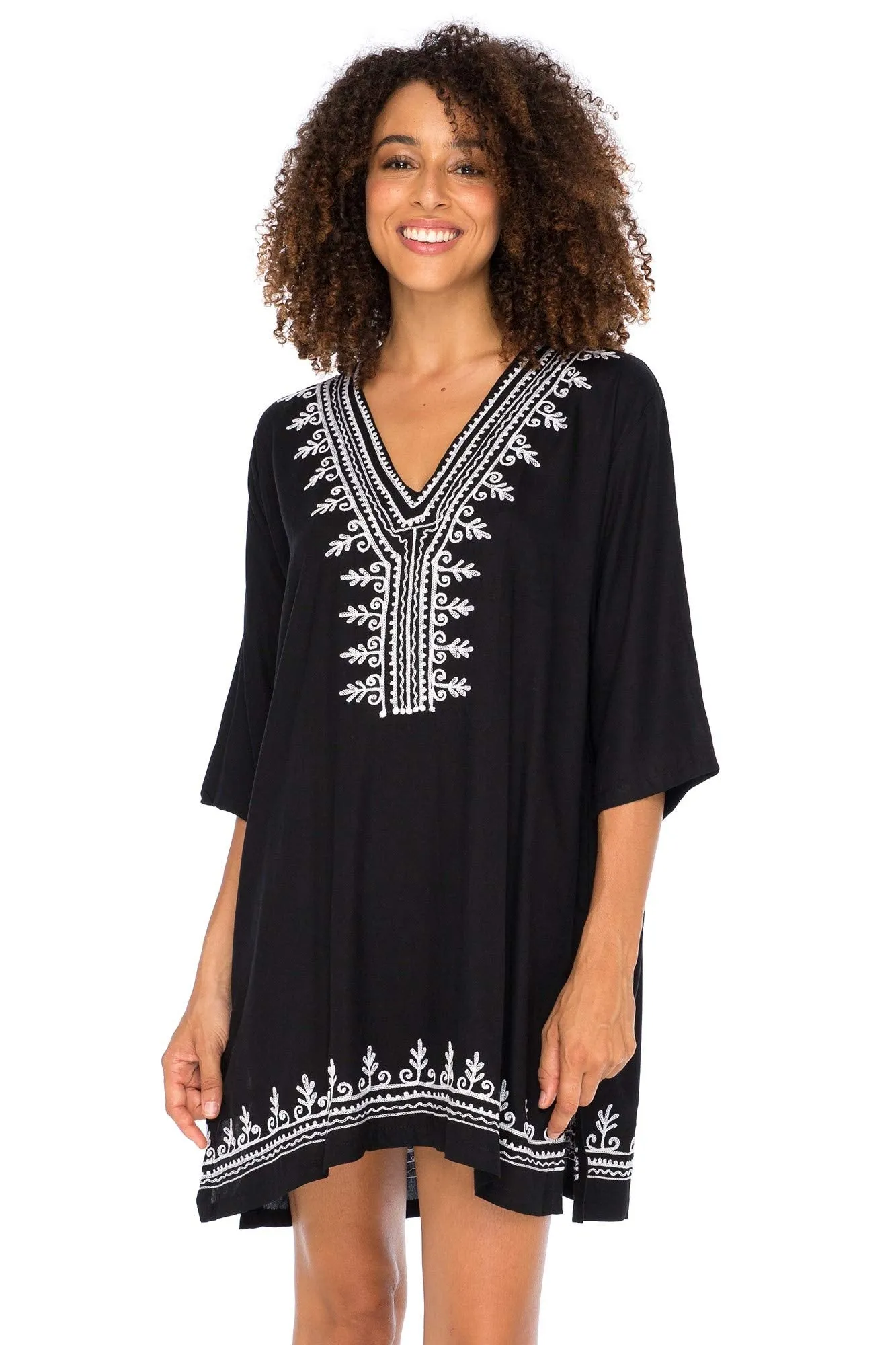 Boho Embroidered Short Casual Tunic Cover Up Dress