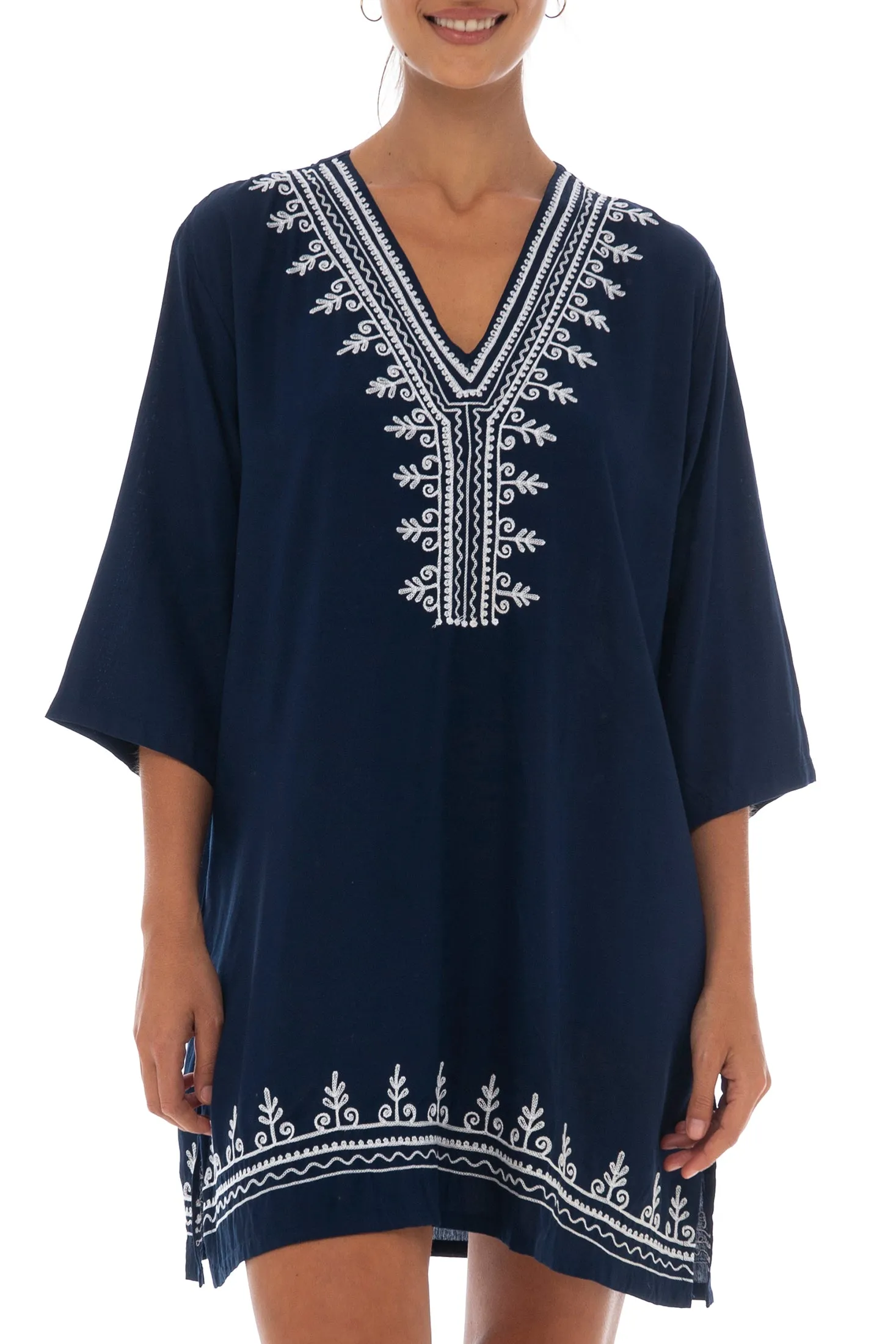 Boho Embroidered Short Casual Tunic Cover Up Dress