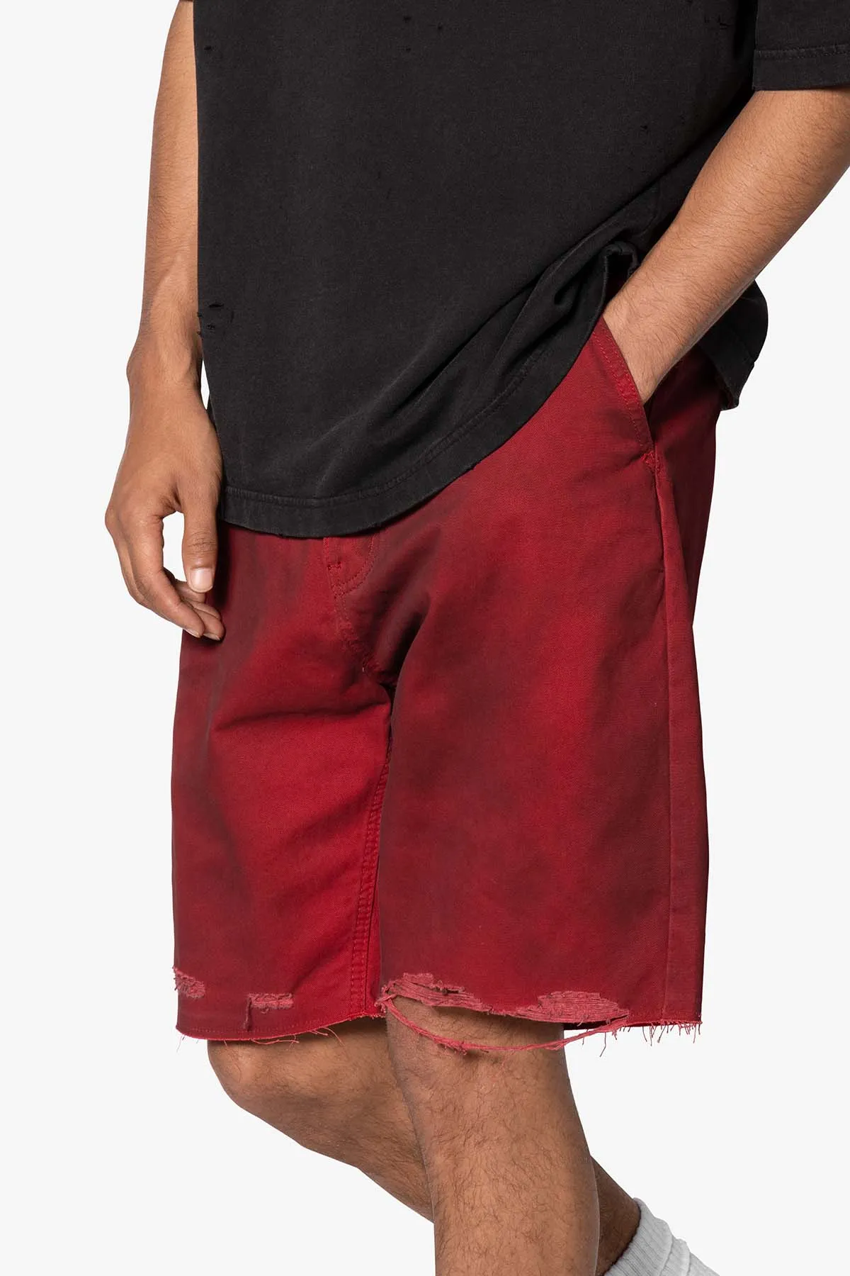 Burnt Distressed Red Denim Shorts - Red