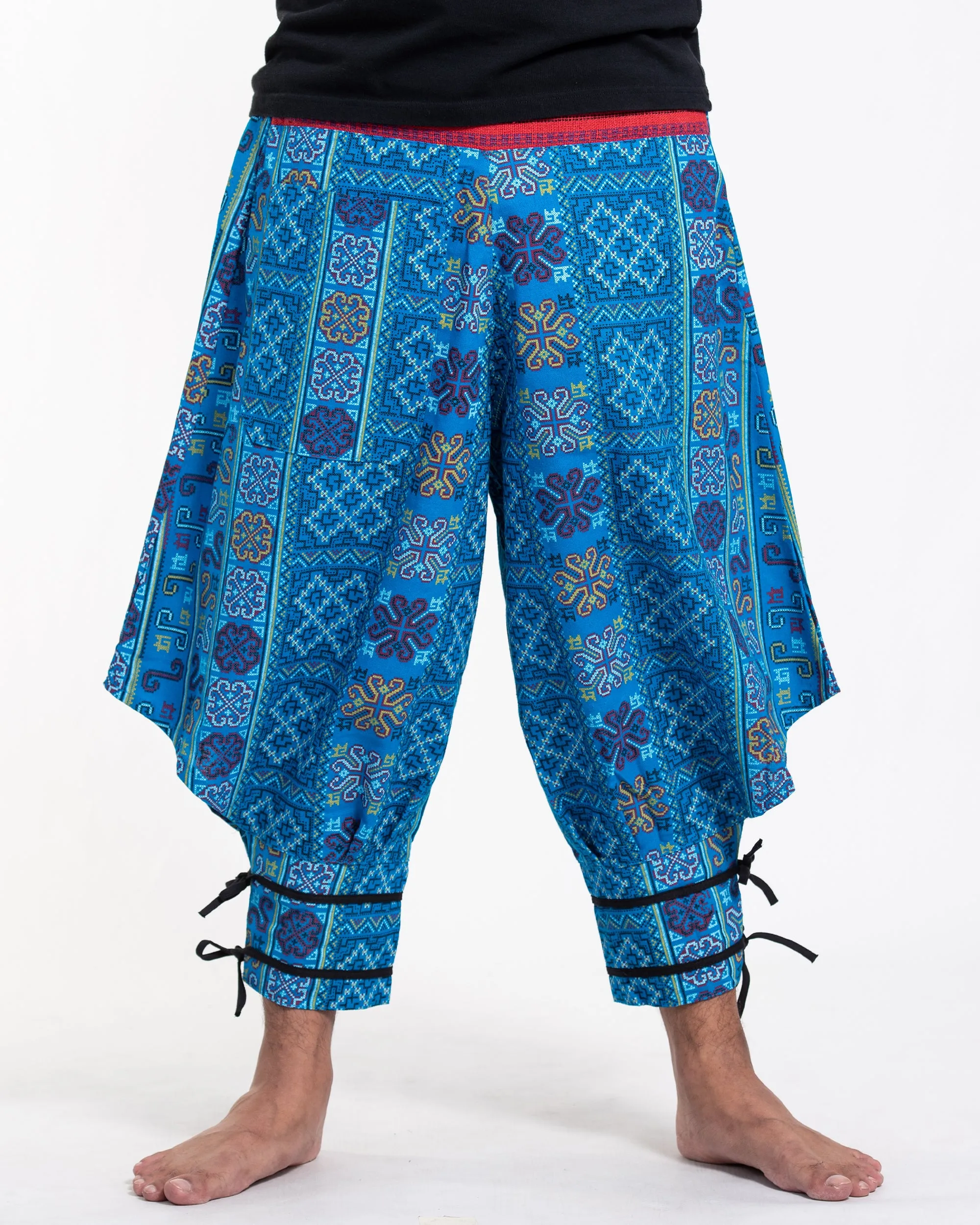 Clovers Thai Hill Tribe Fabric Men's Harem Pants with Ankle Straps in Light Blue