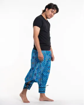 Clovers Thai Hill Tribe Fabric Men's Harem Pants with Ankle Straps in Light Blue