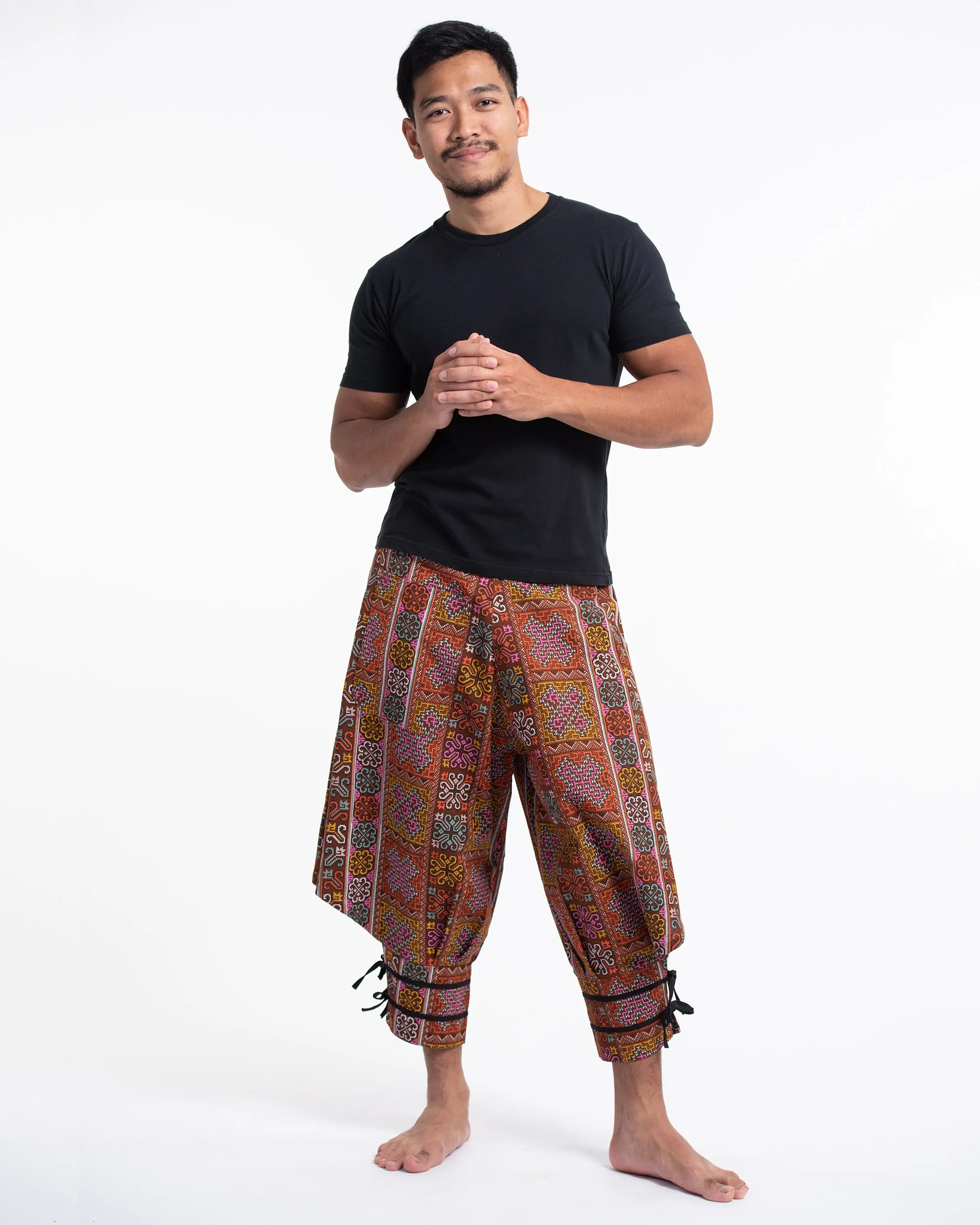 Clovers Thai Hill Tribe Fabric Men's Harem Pants with Ankle Straps in Light Brown