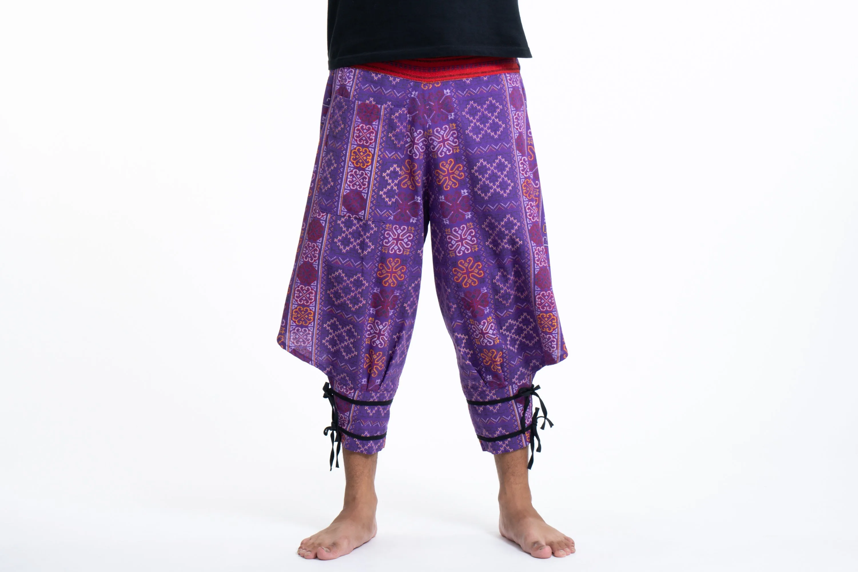 Clovers Thai Hill Tribe Fabric Men's Harem Pants with Ankle Straps in Purple