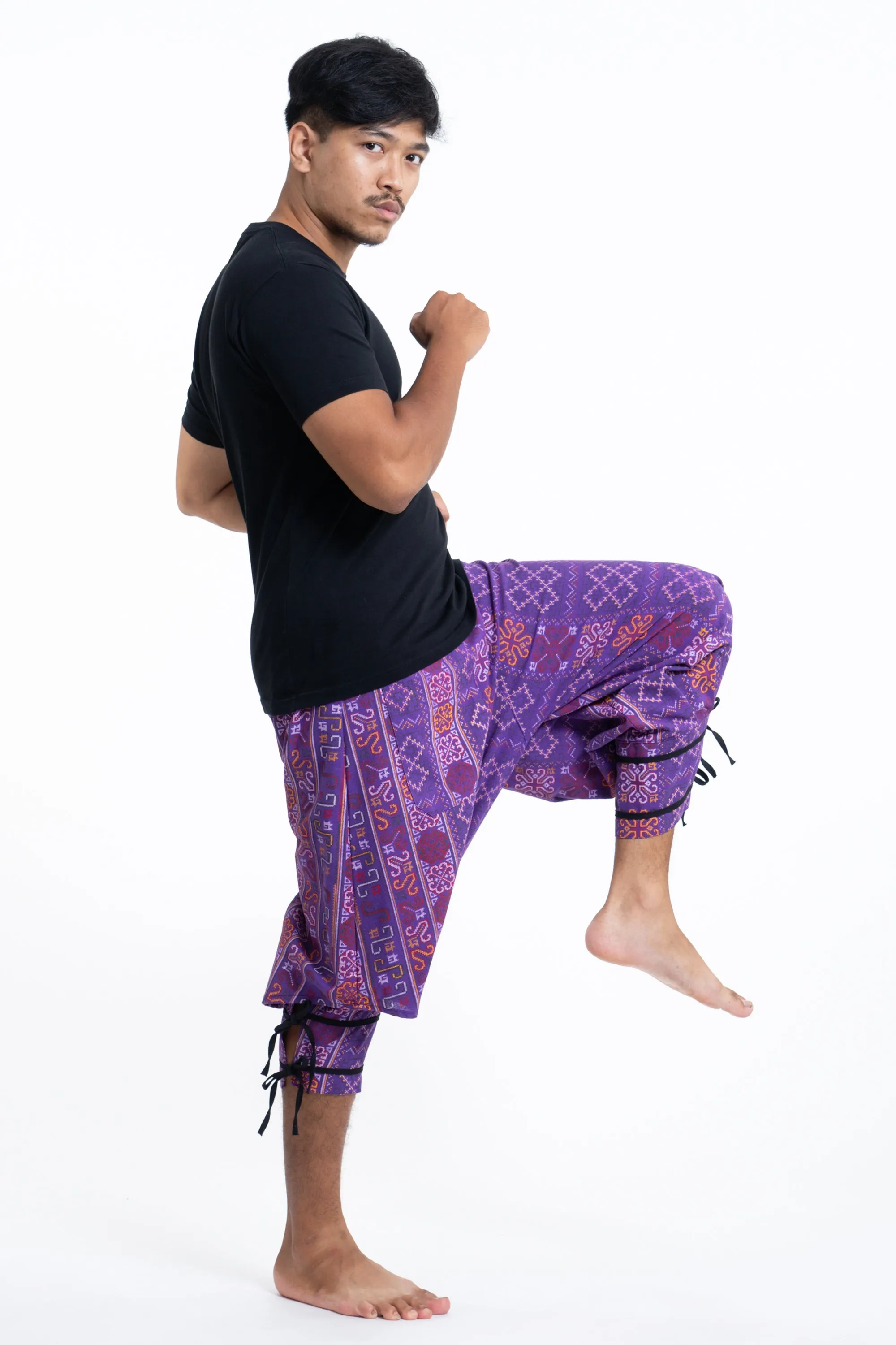 Clovers Thai Hill Tribe Fabric Men's Harem Pants with Ankle Straps in Purple