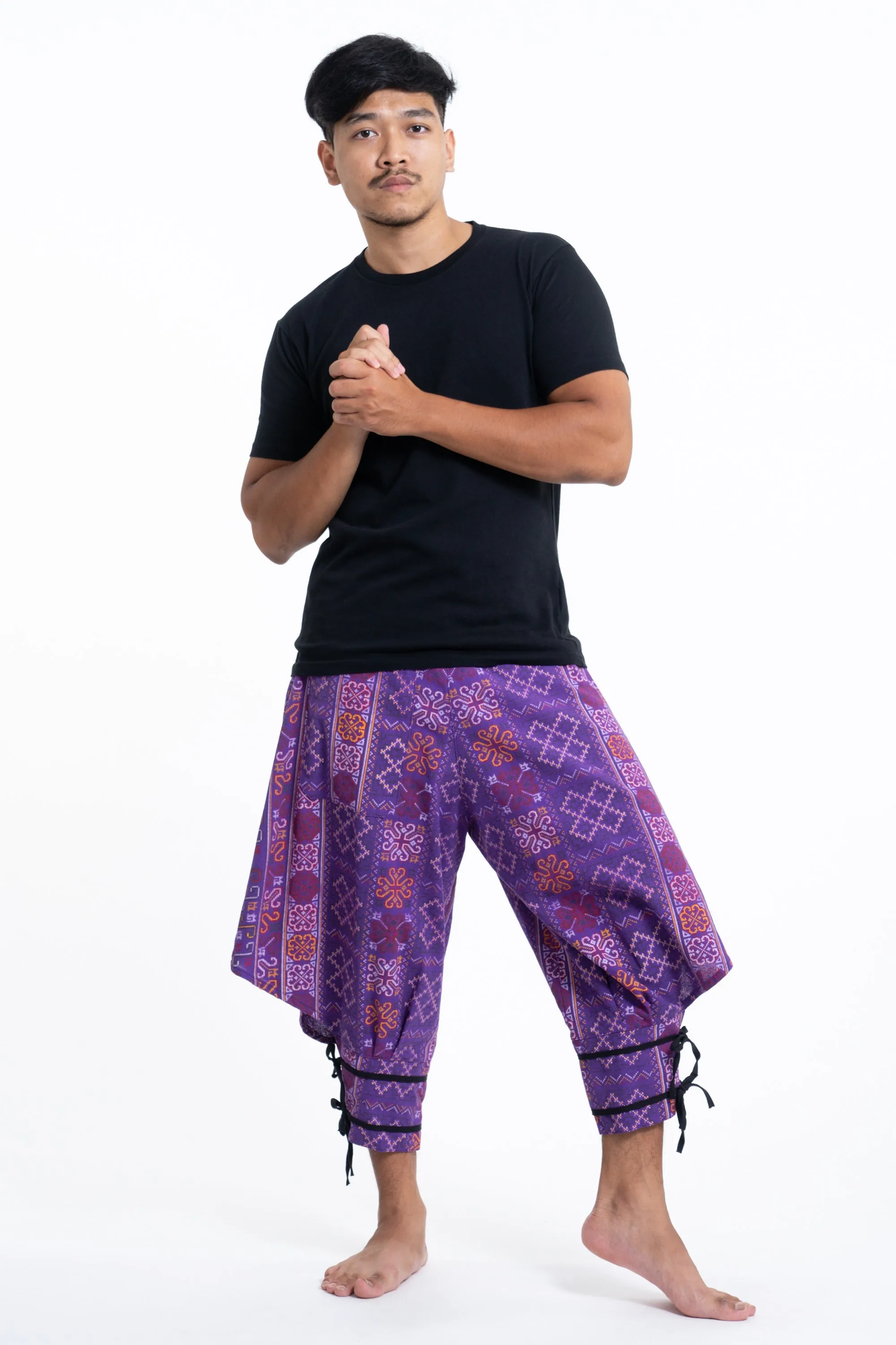 Clovers Thai Hill Tribe Fabric Men's Harem Pants with Ankle Straps in Purple