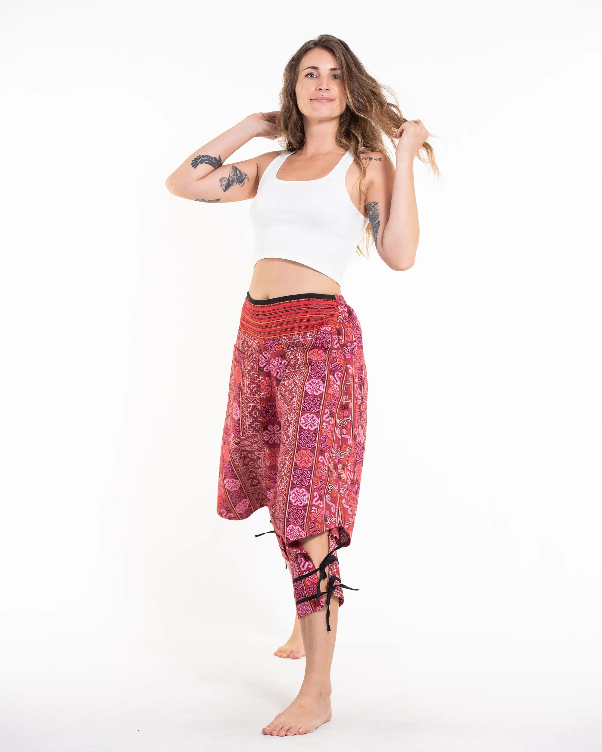 Clovers Thai Hill Tribe Fabric Women's Harem Pants with Ankle Straps in Pink Red