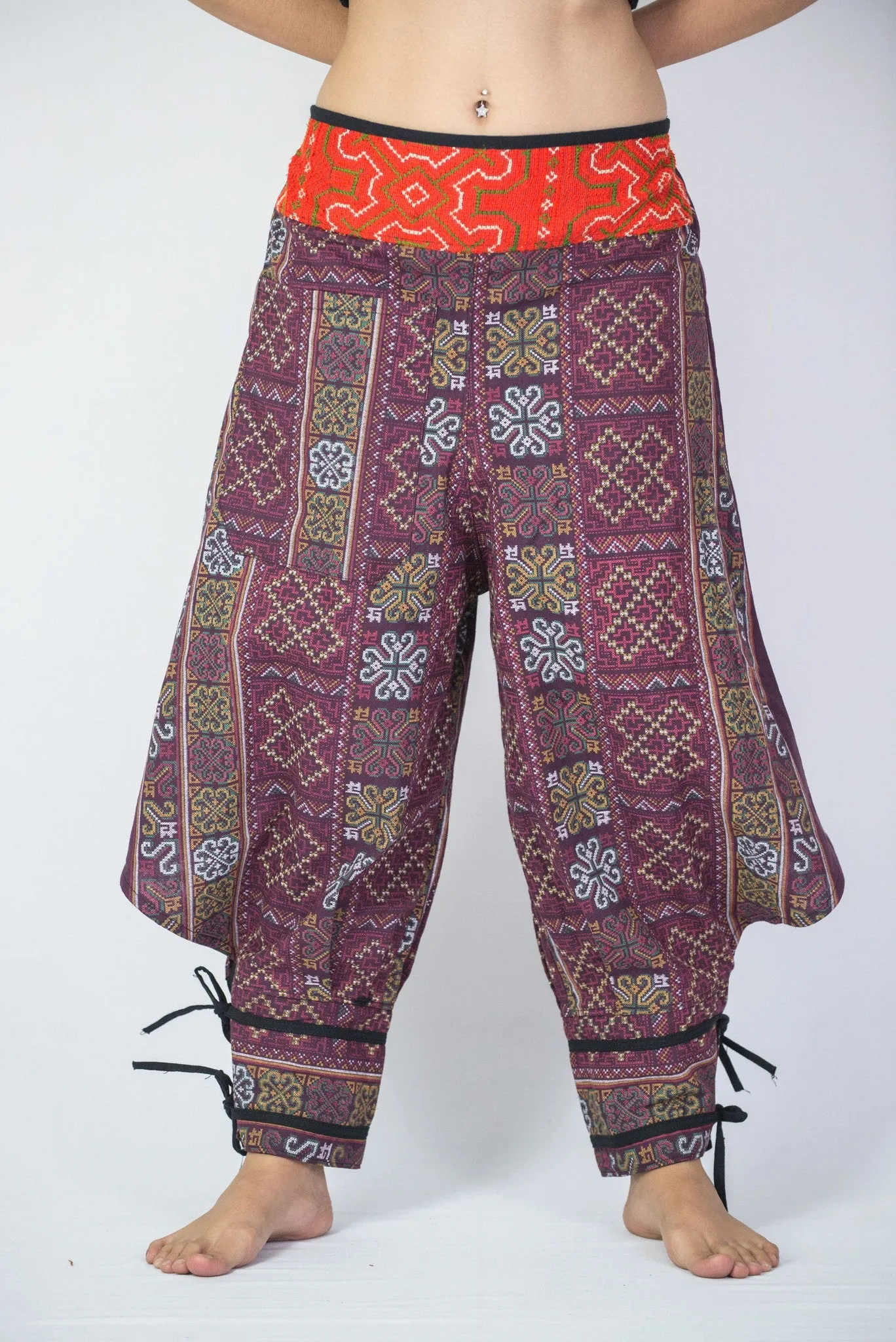 Clovers Thai Hill Tribe Fabric Women's Harem Pants with Ankle Straps in Plum