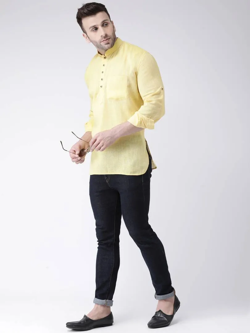 Cotton Linen Solid Short Kurta For Men