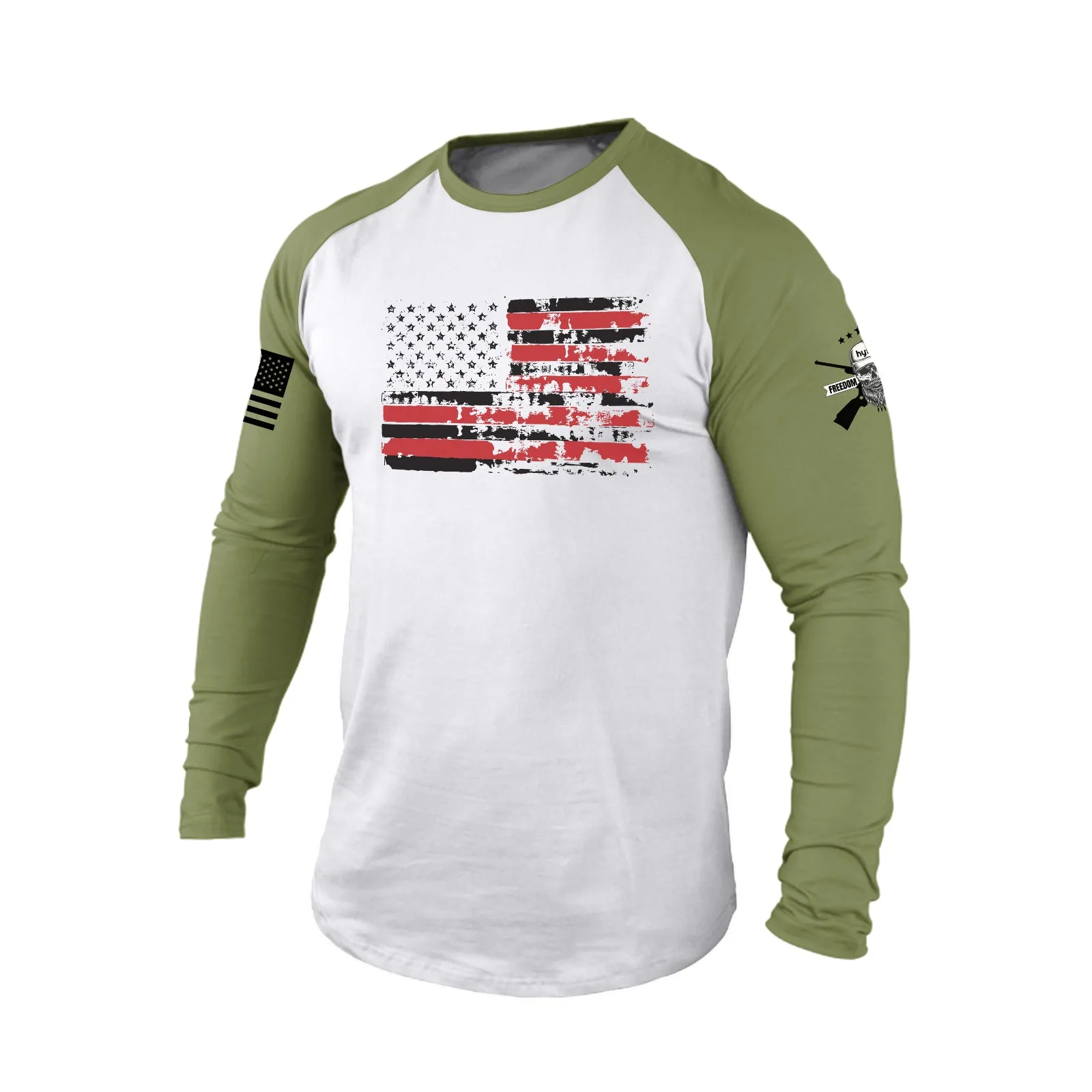 DISTRESSED USA FLAG RAGLAN GRAPHIC LONG SLEEVE T-SHIRT