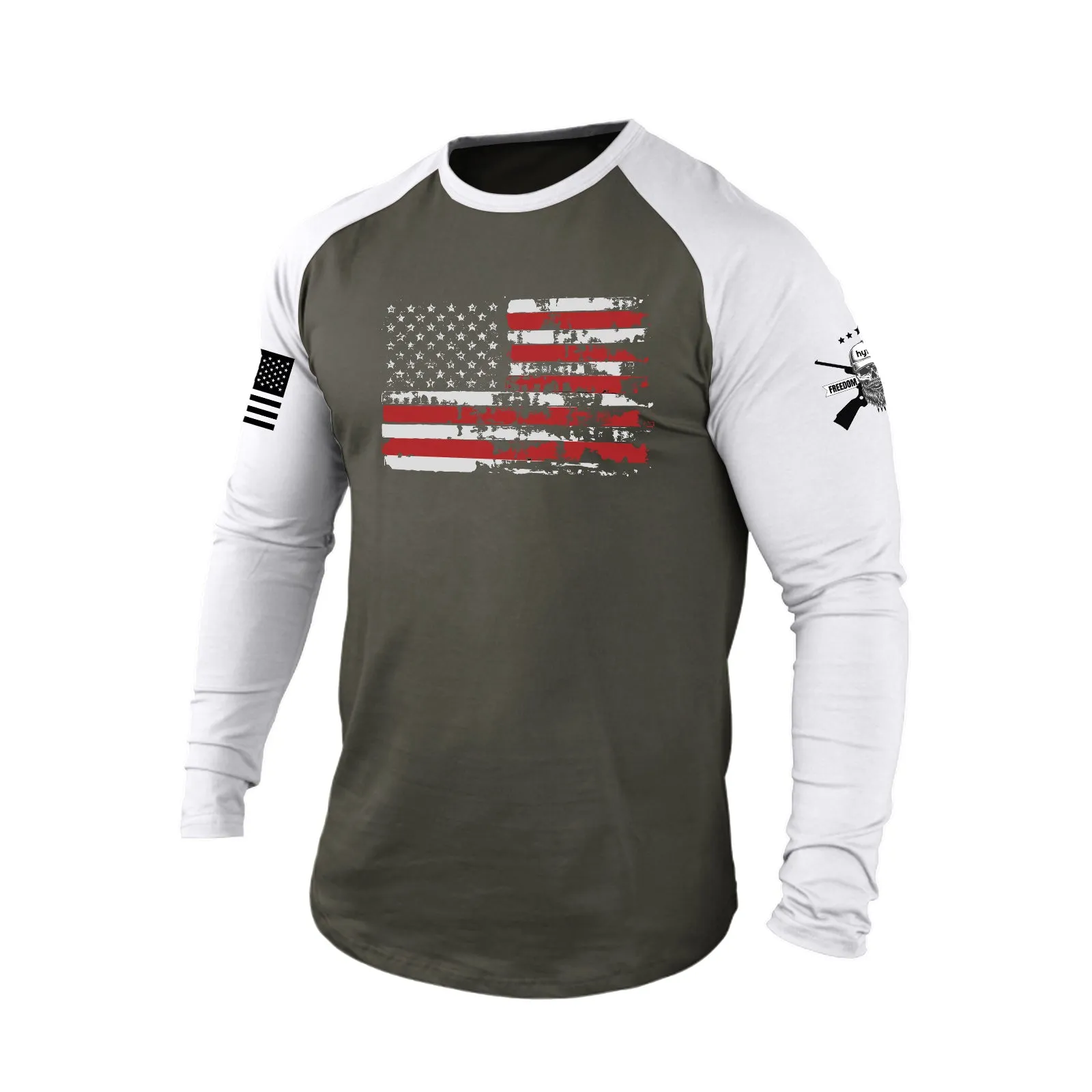 DISTRESSED USA FLAG RAGLAN GRAPHIC LONG SLEEVE T-SHIRT