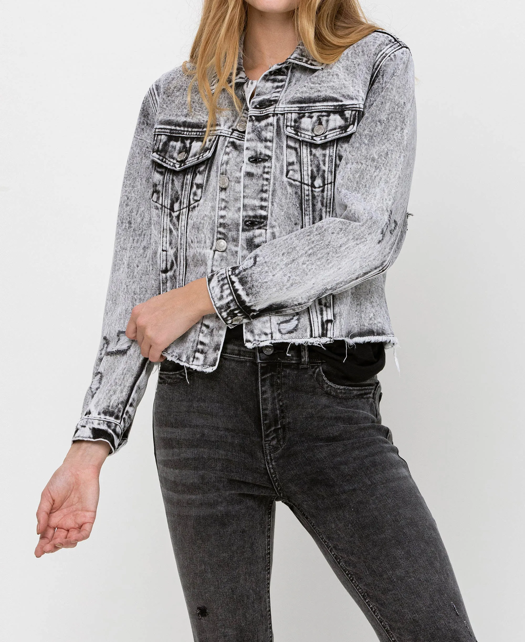 Escala - Distressed Black Acid Wash Classic Crop Jacket