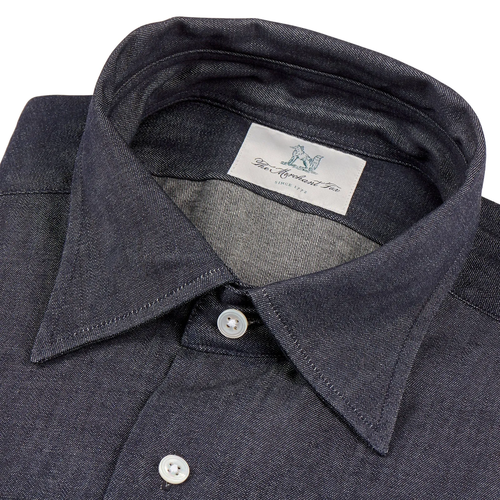 Fox Dark Chambray Blue Plain Collar Casual Shirt