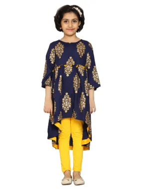 Girls Asymmetric Hem Kurta With Motif Print design & Solid Ankle Length Lycra Legging Set