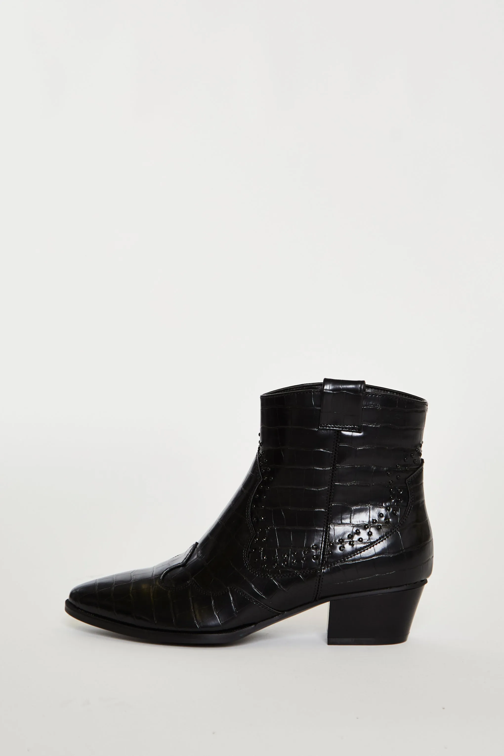 Glamorous Black Croc Western Block Heel Ankle Boots