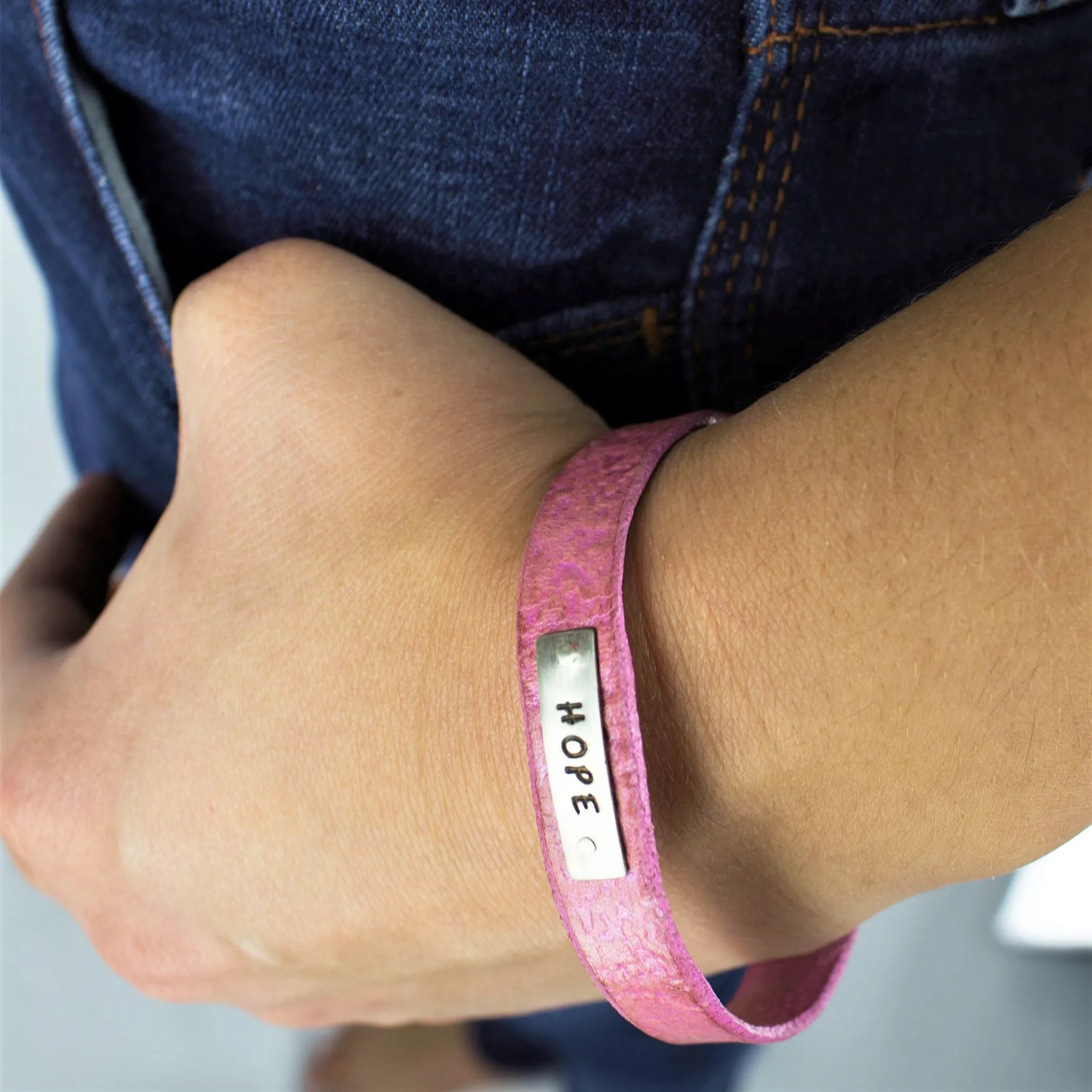 Sterling Silver Message of HOPE Distressed Pink Leather Bangle