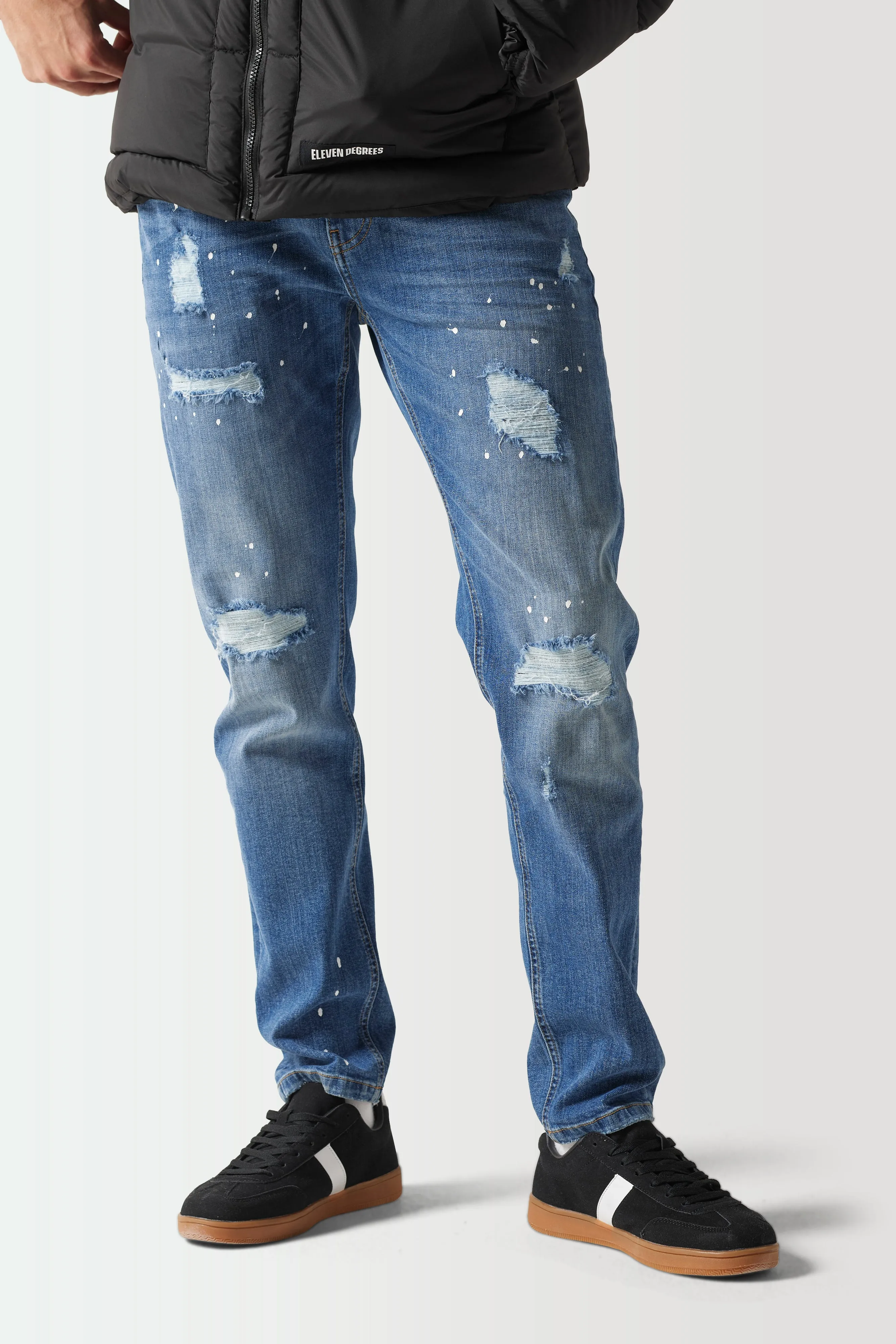 Sustainable Distressed Slim Tapered Jeans - Mid Wash