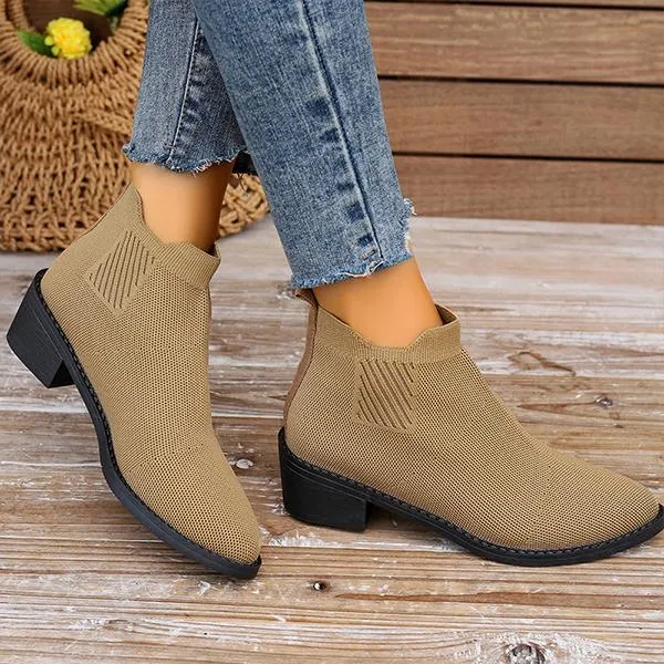 Women's Casual Flyknit Thick Heel Pointed Toe Ankle Boots 45432432S